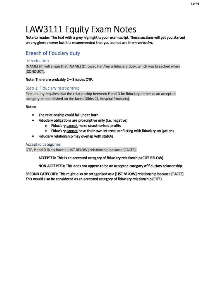 Equity (LAW3111) HD exam notes with scripts