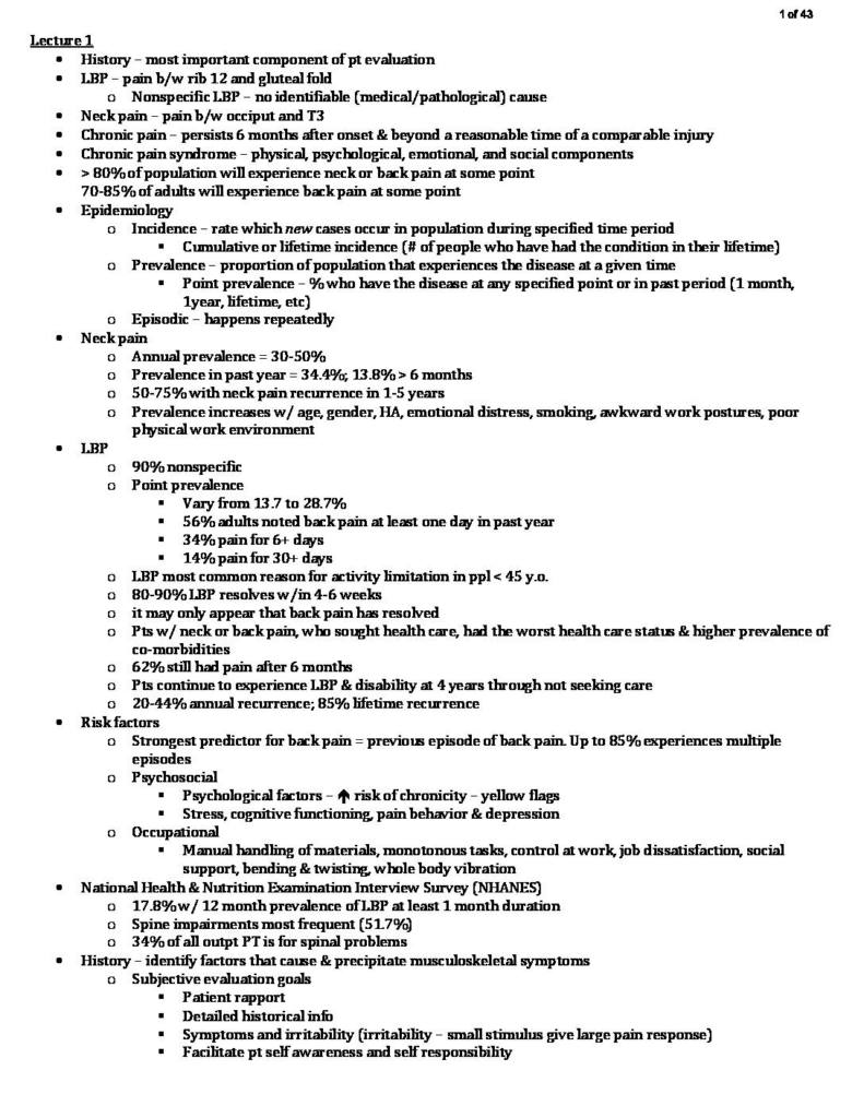 PT Mgt. of Orthopedic Conditions III (PHYT M8612) lecture notes