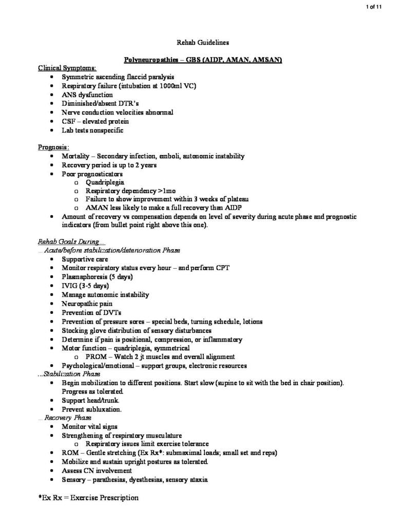 Adult Neuro Conditions II (PHYT M8621) rehab guidelines