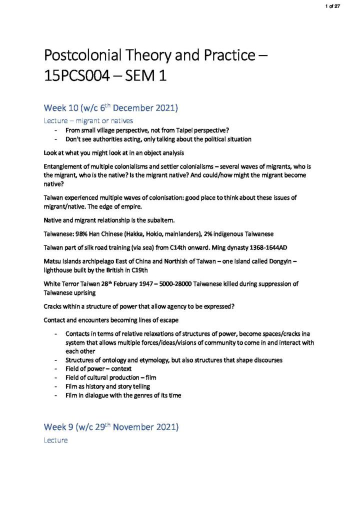 Postcolonial Theory and Practice (15PCSC003) semester 1 notes