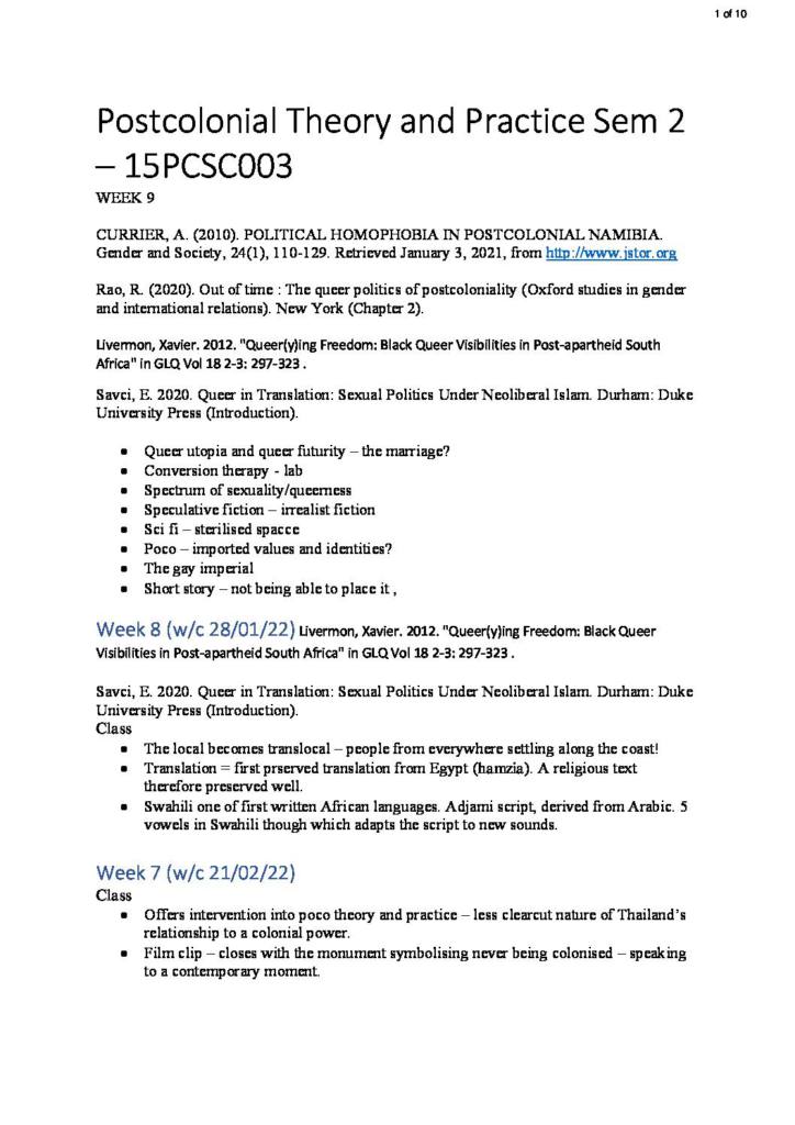 Postcolonial Theory (15PCSC003) semester 2 notes