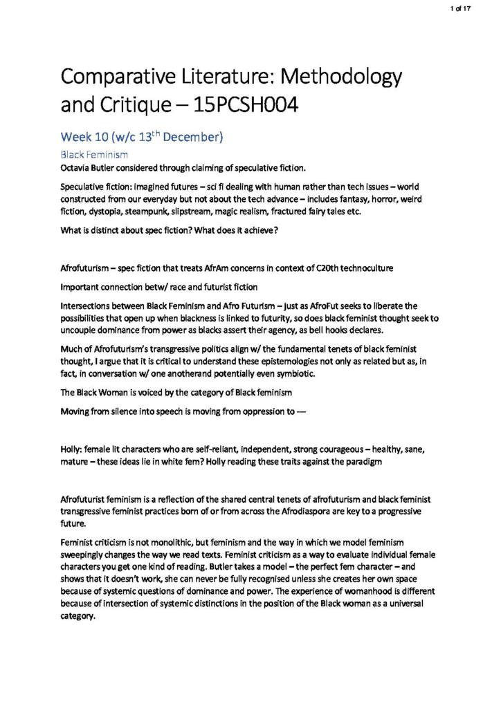 Notes for Comparative Literature Methodology and Critique (15PCSC003