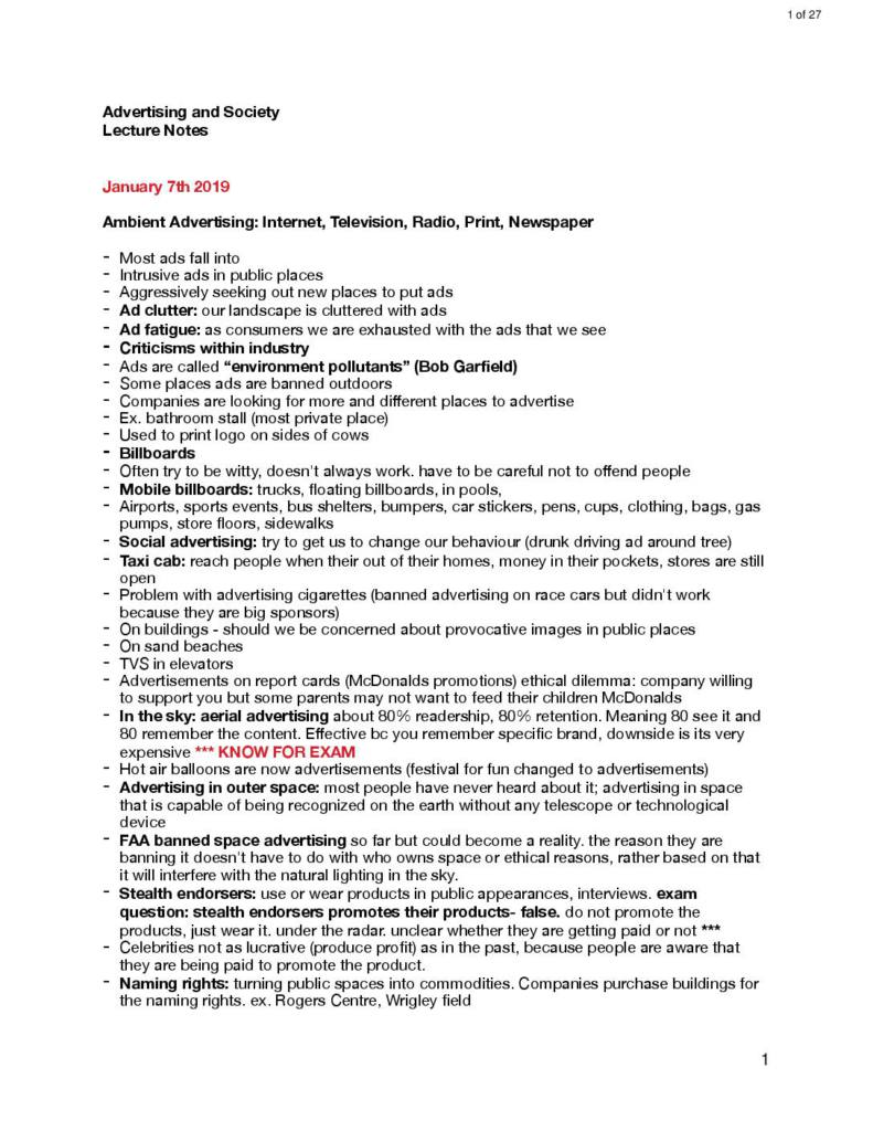 Advertising and Society (2172A) lecture summary notes