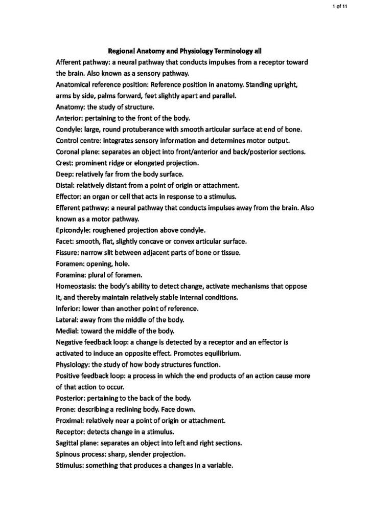 Regional Anatomy and Physiology (9808) terminology notes