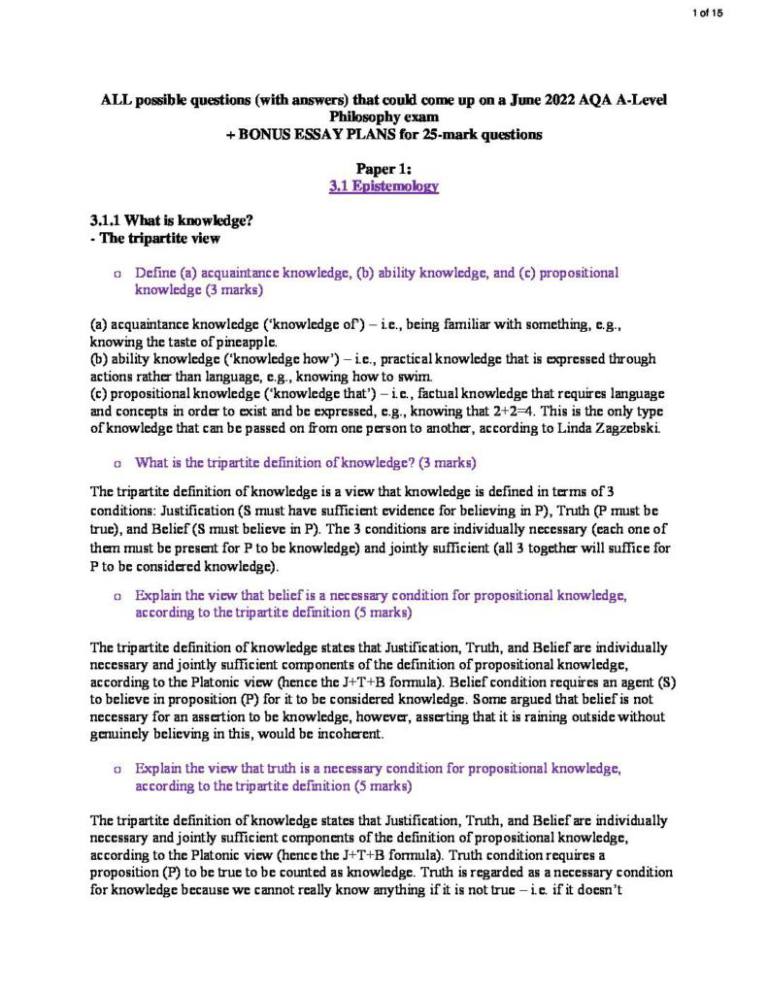 AQA A Level Philosophy Epistemology 2022 Possible Questions Answers AQA A Level Philosophy Epistemology 2022 Possible Questions Answers