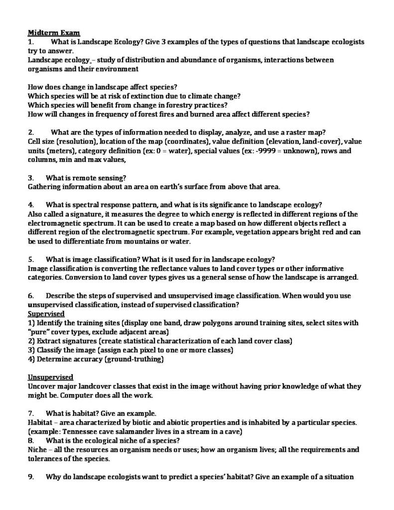 Landscape Ecology Laboratory (BIO 319) midterm & final exam answers