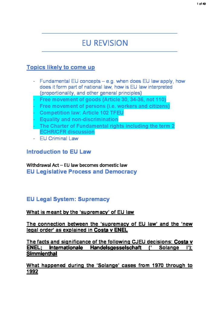 European Union Law (EU Law) revision notes