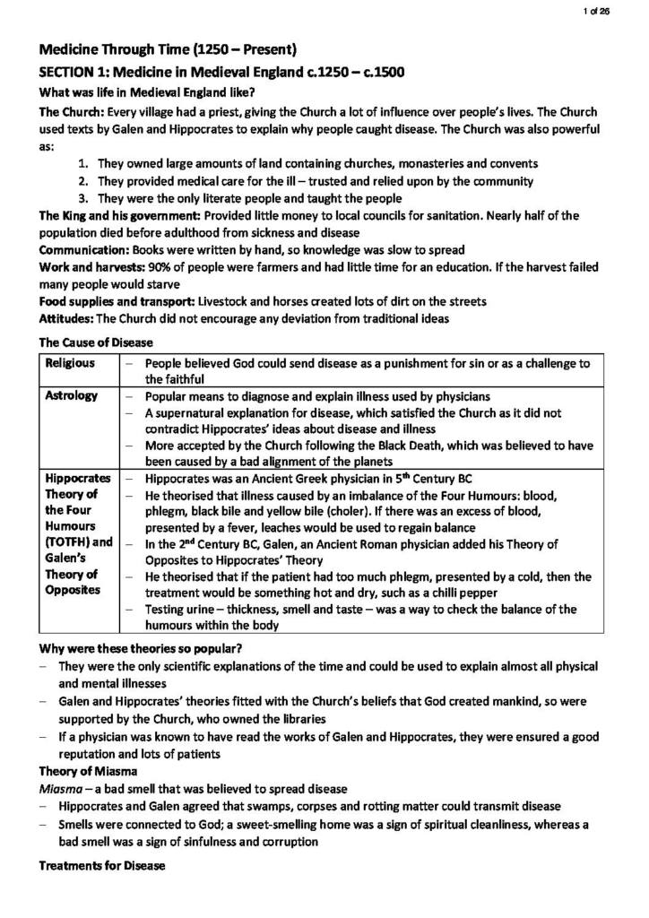 Edexcel GCSE History (9-1) Medicine Through Time revision notes with Q&A