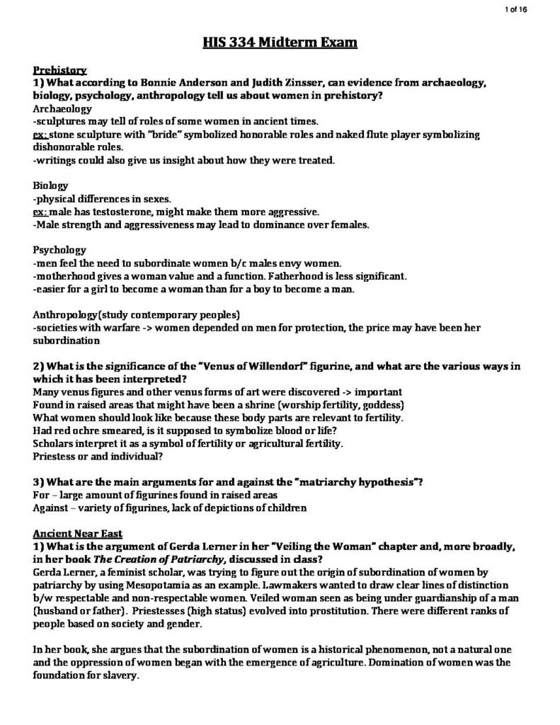 Women and Gender in History (HIS 334) midterm & final exam notes
