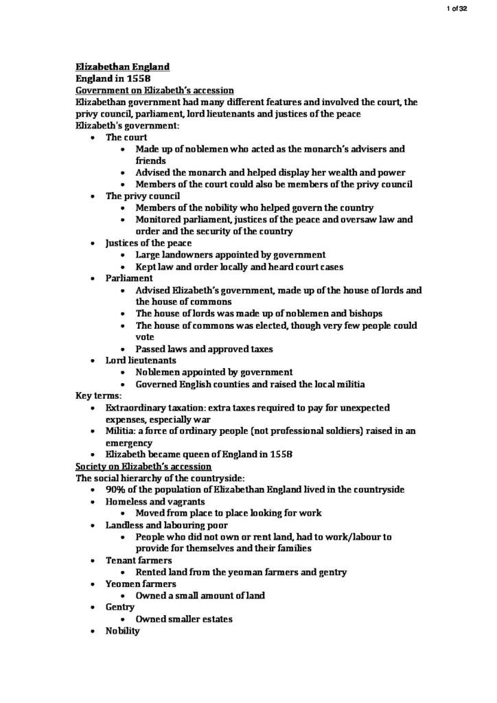 Edexcel GCSE History Elizabethan England summary notes StudyLast