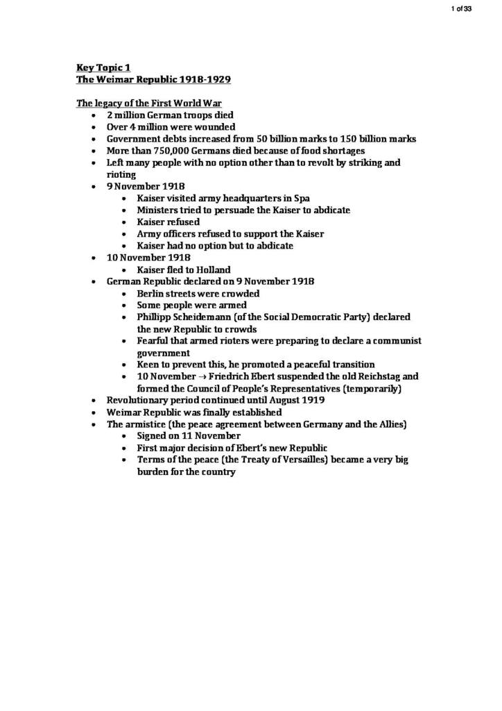 Edexcel GCSE History Weimar and Nazi Germany summary notes