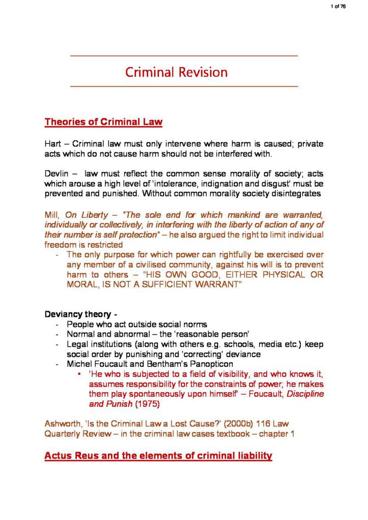 Criminal Law (LLB) revision notes with essay