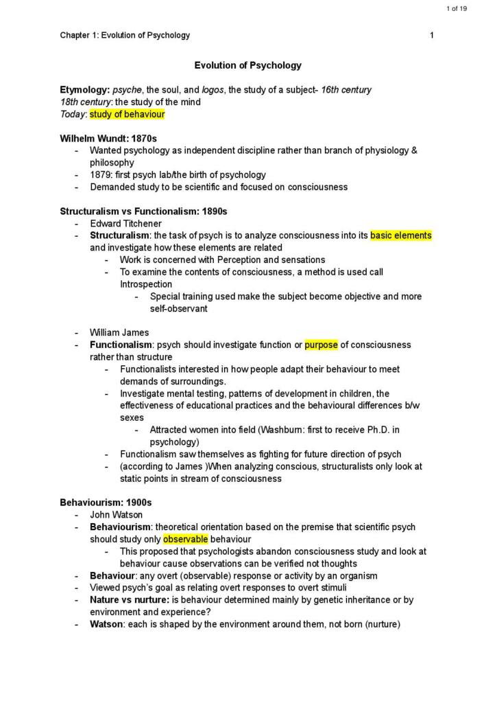 Introduction to Psychology (PSYC 1010) midterm notes