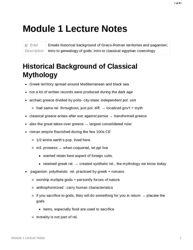 Classical Mythology (CLA 2323) lecture notes