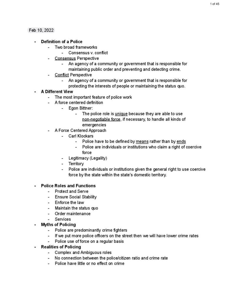 Problems of Law Enforcement (CRJU 201) exam notes