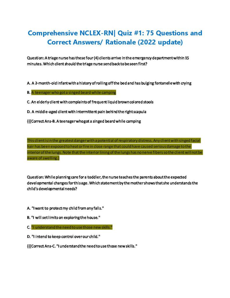 Comprehensive NCLEX-RN 75 Questions with answers and rationales