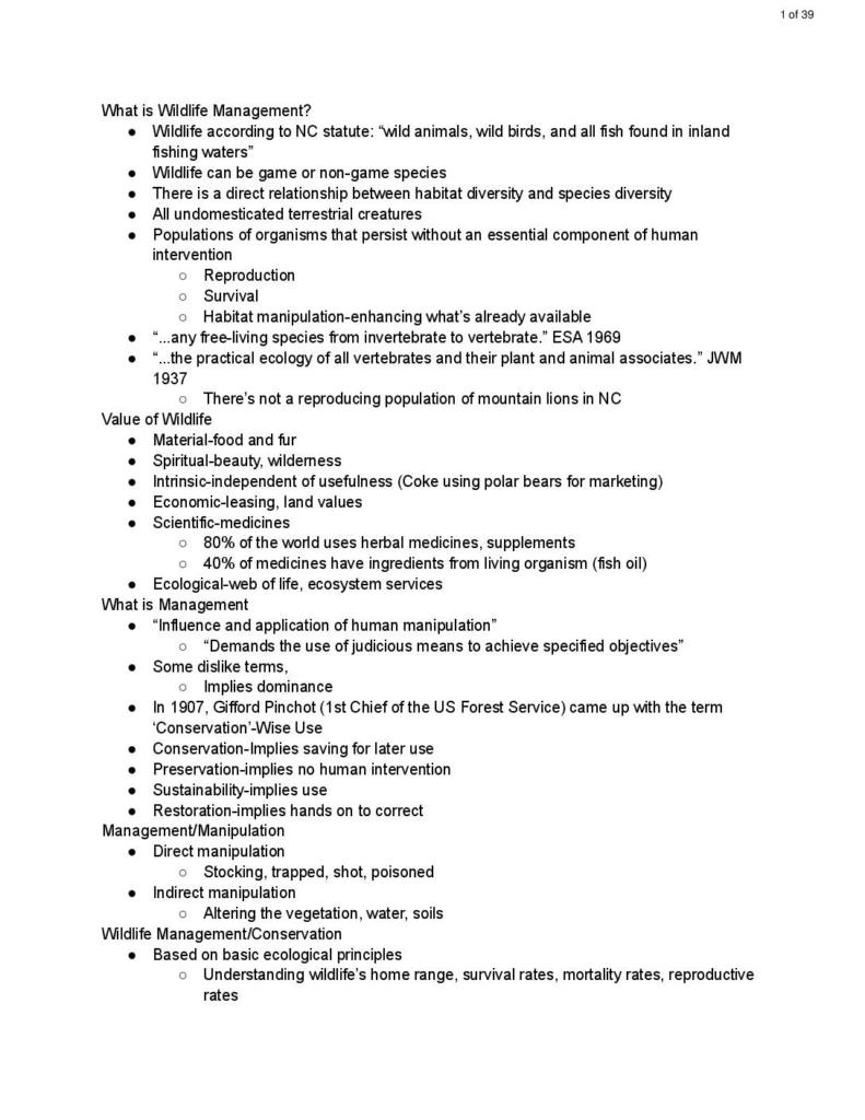 Wildlife Management (FW 353) lecture notes