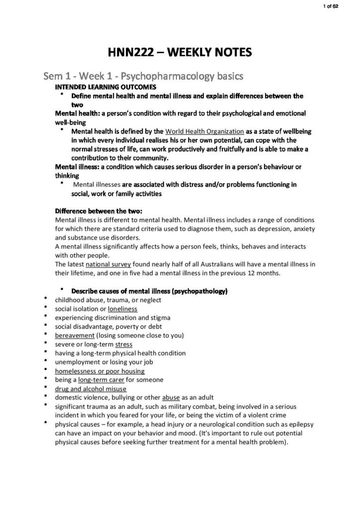 Mental Health and Supportive Care (HNN222) course notes