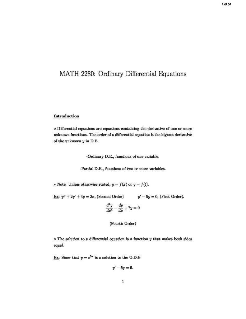Ordinary Differential Equations (MATH 2280) semester notes