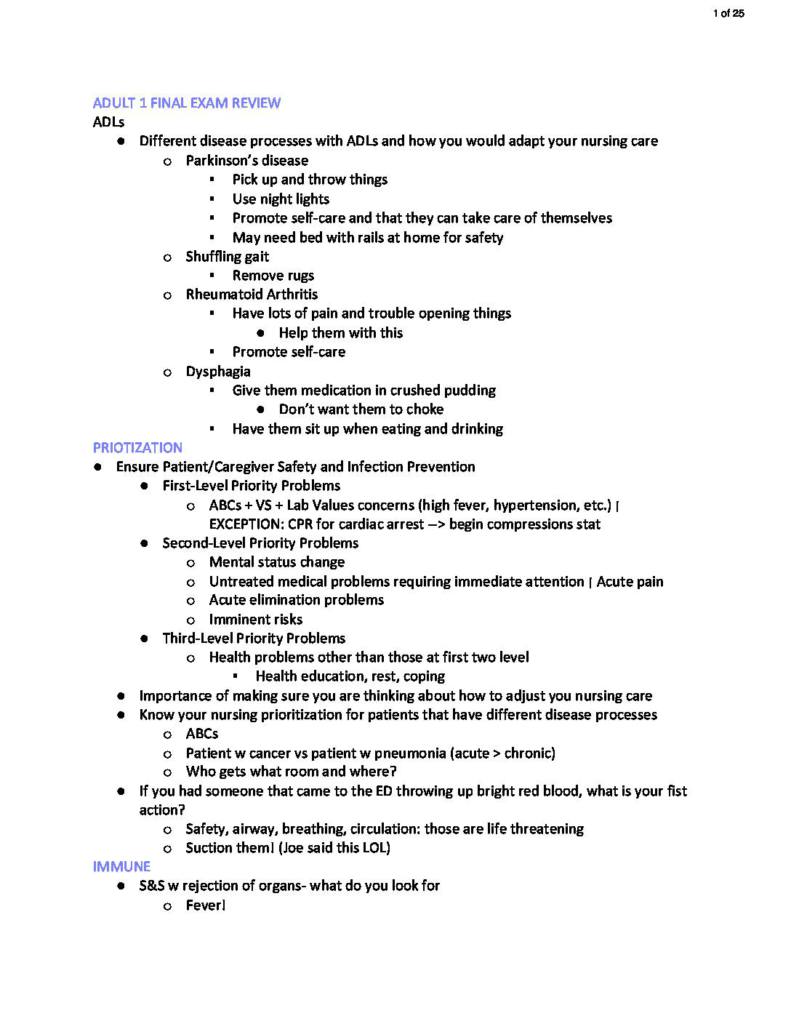 Primary Concepts of Adult Nursing I (NUR 3180) final exam notes