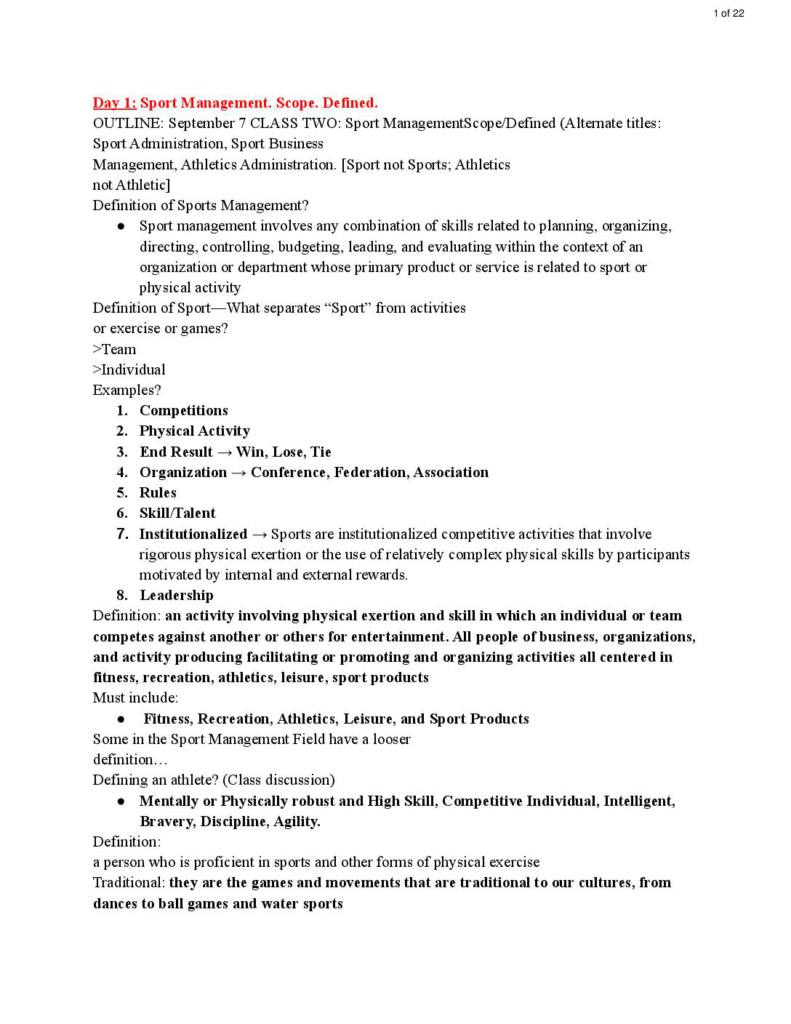 Introduction to Sport Management (SPM 290) notes