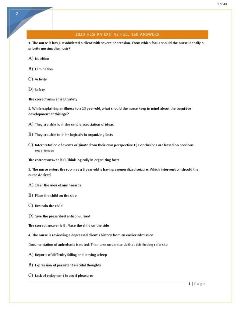 2020 HESI RN Exit Exam V3 with correct answers