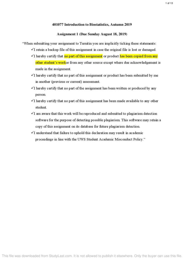 Introduction to Biostatistics (401077) assignments