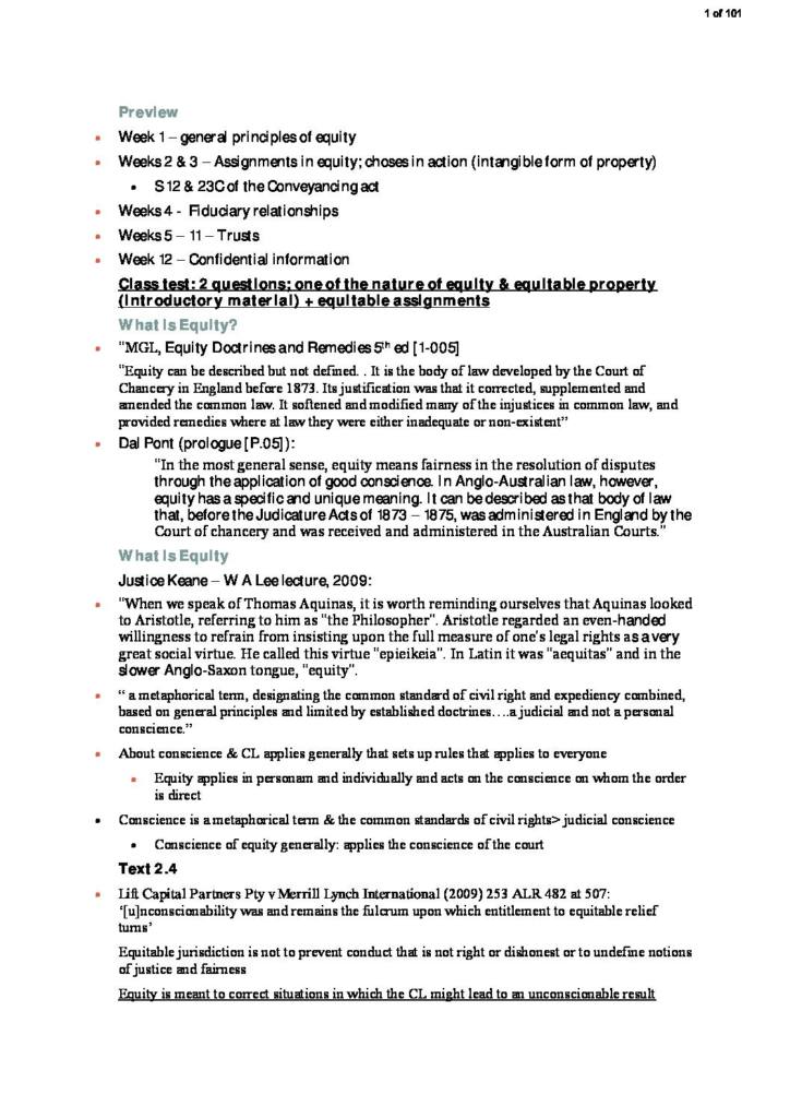 Equity and Trusts (LAWS2500) notes with checklist