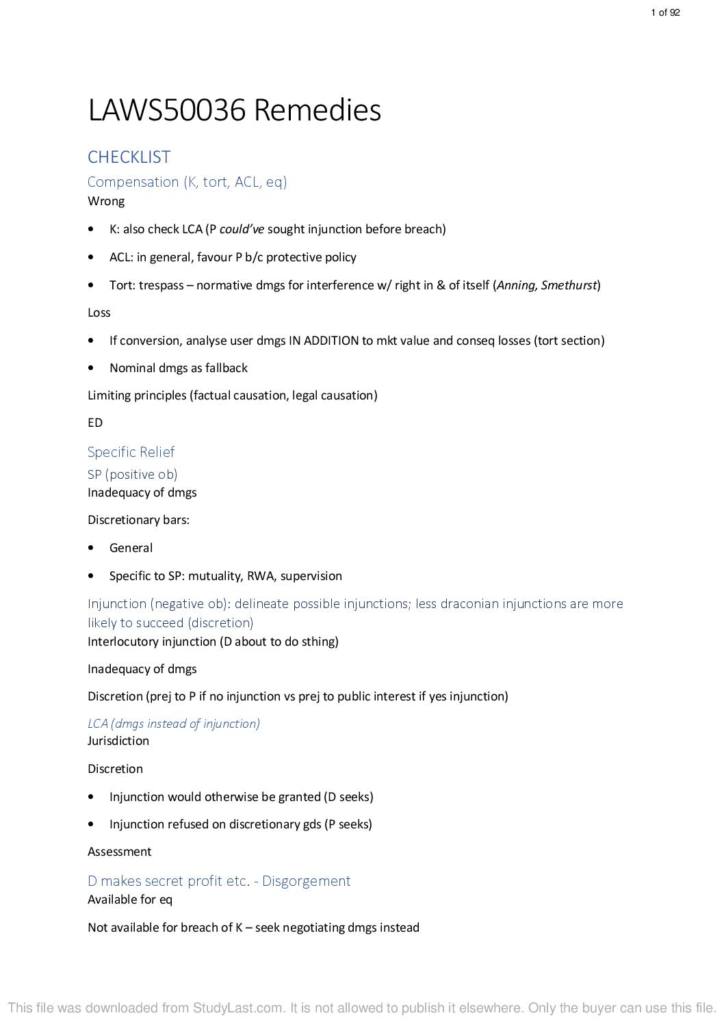 Remedies (LAWS50036) notes with checklist and essay