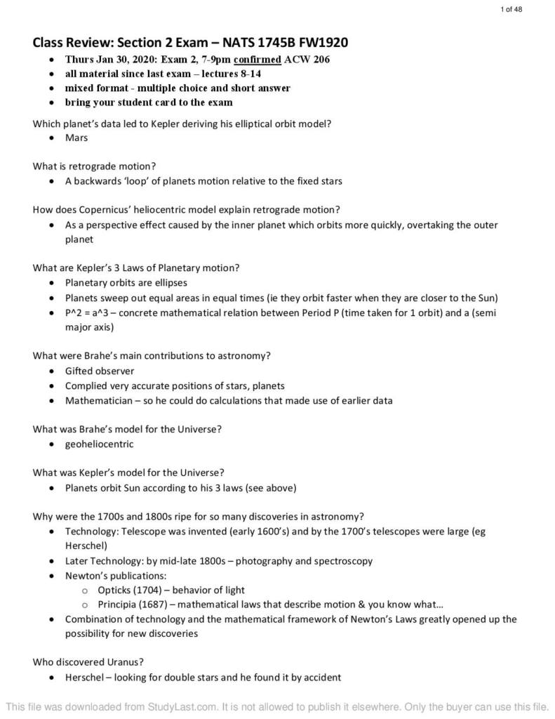 History of Astronomy (NATS 1745) exam review notes