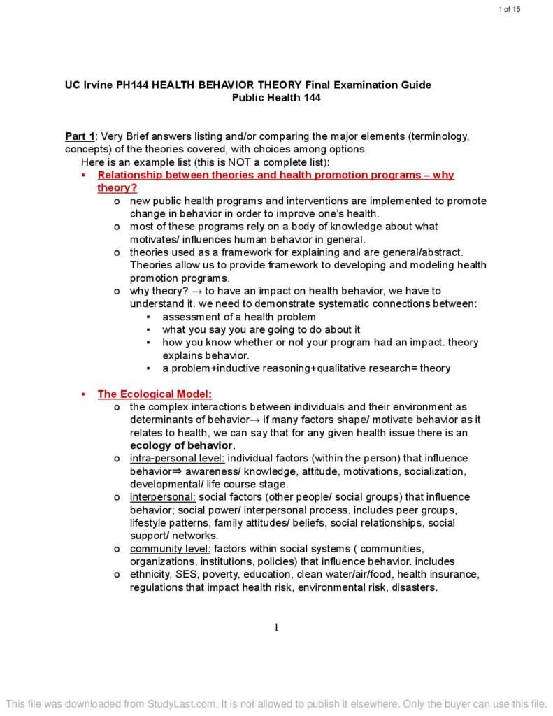 Health Behavior Theory (PUBHLTH 144) final exam notes