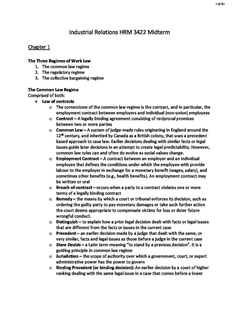 Industrial Relations (HRM 3422) midterm exam notes