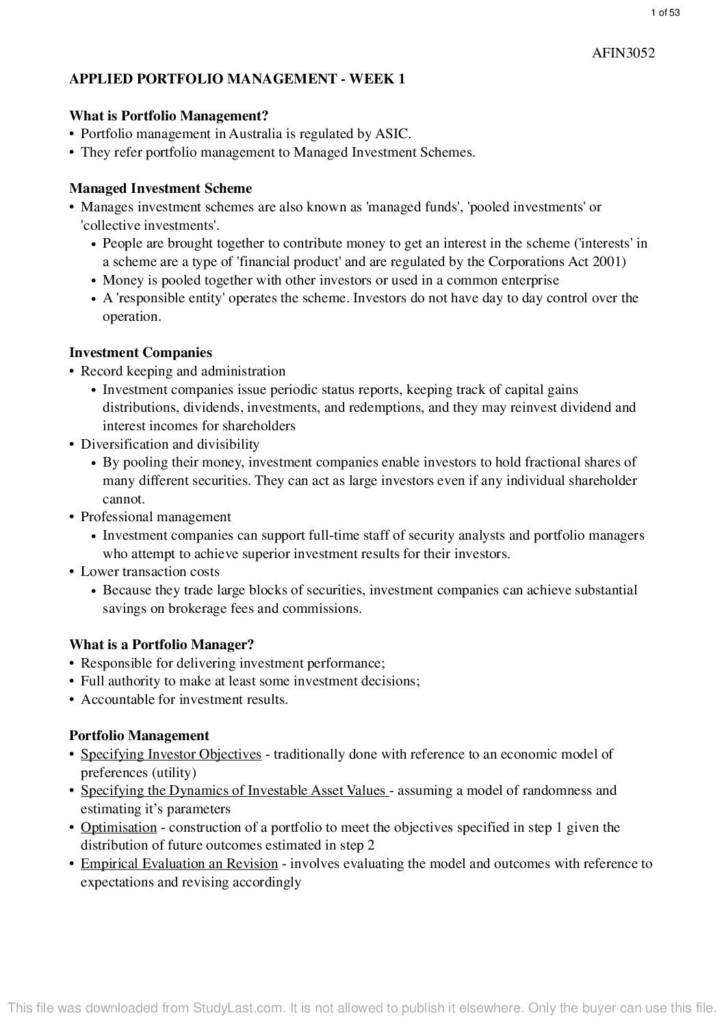 Applied Portfolio Management (AFIN3052) full lecture notes