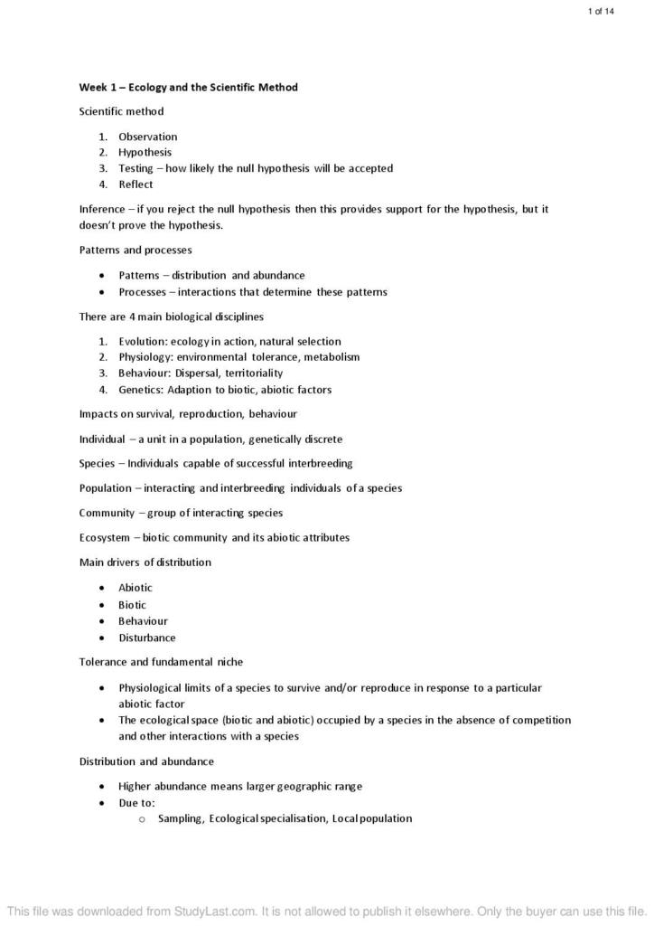 Principles of Ecology (BIOL251) lecture summary notes