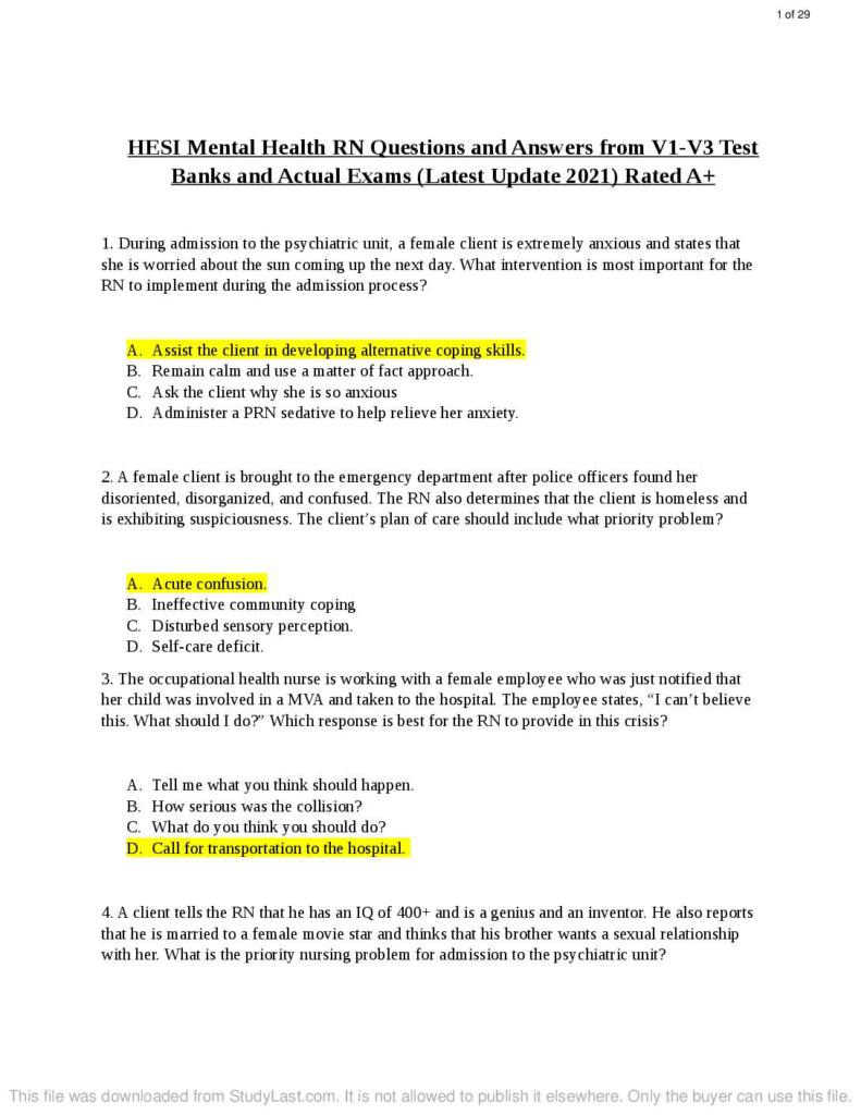 HESI Mental Health RN (2021) V1-V3 test bank with answers
