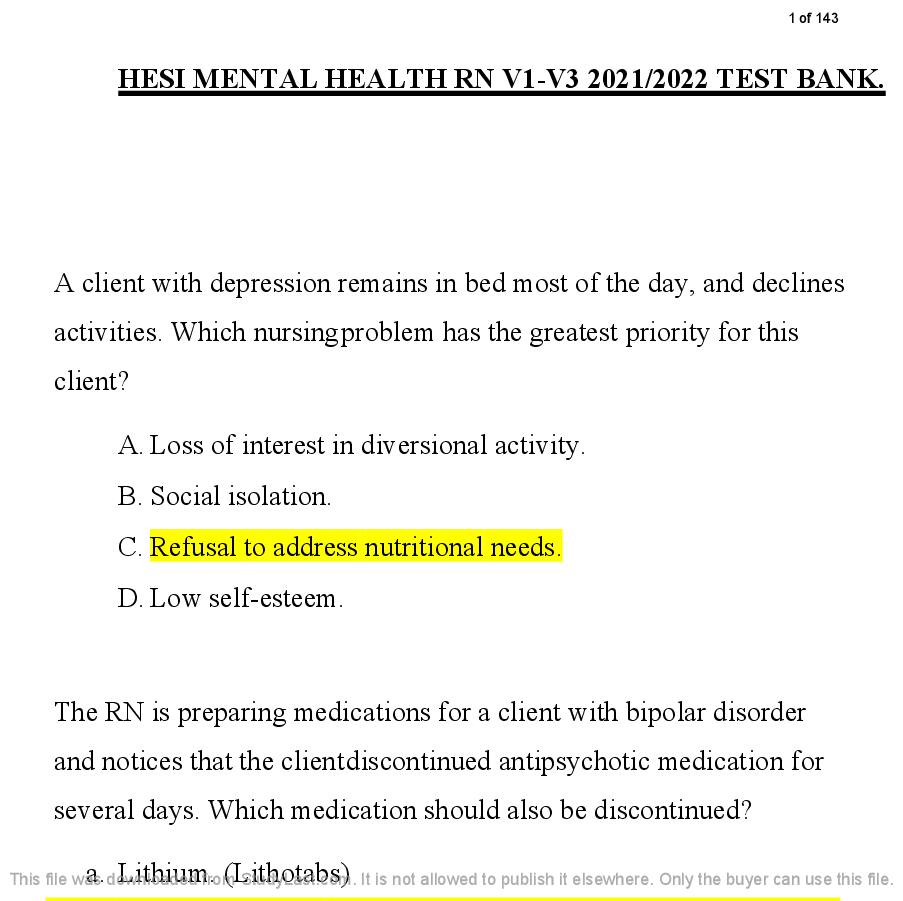 HESI Mental Health RN v1-v3 top rated test bank