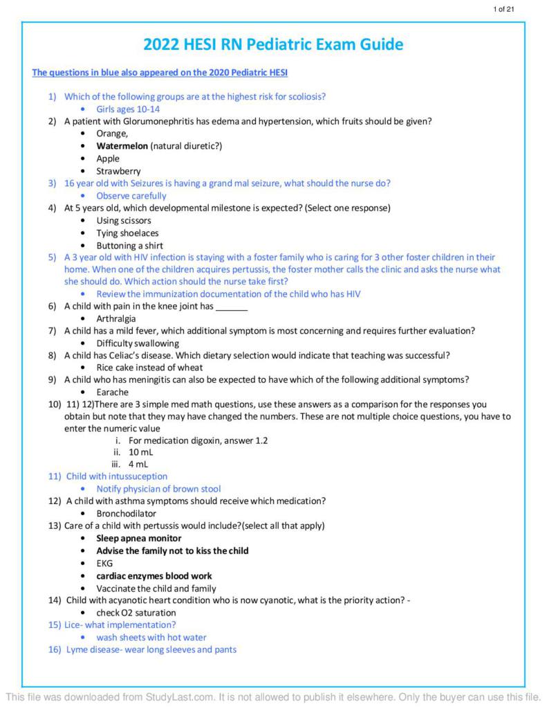 HESI RN Pediatric 2021 & 2022 exam questions with answers