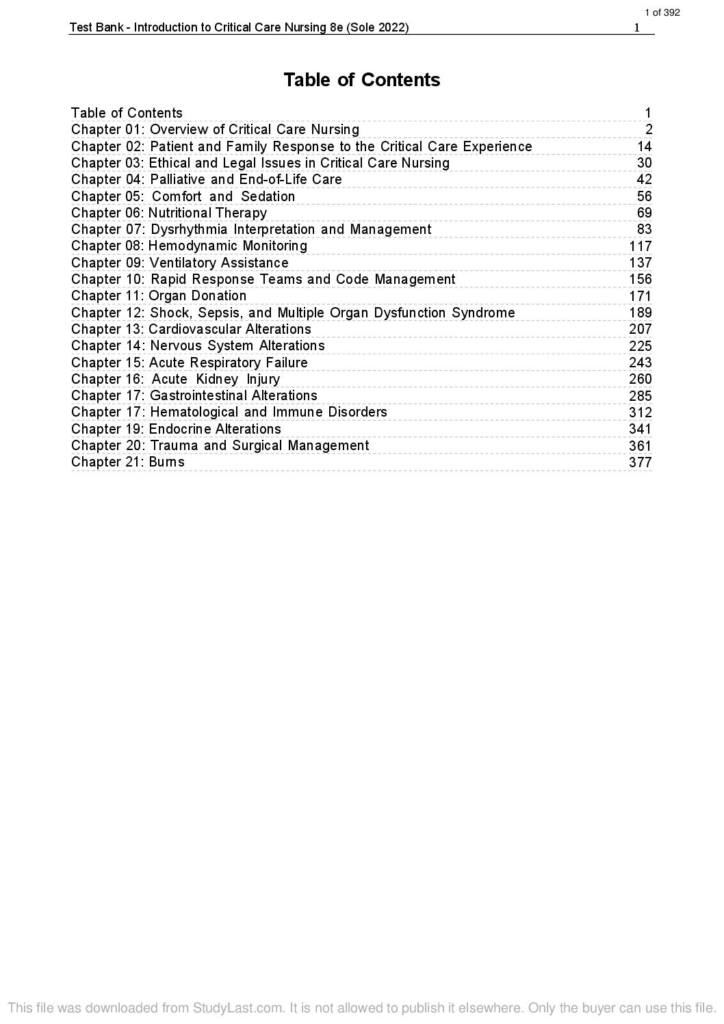 Introduction to Critical Care Nursing (8th Edition) test bank
