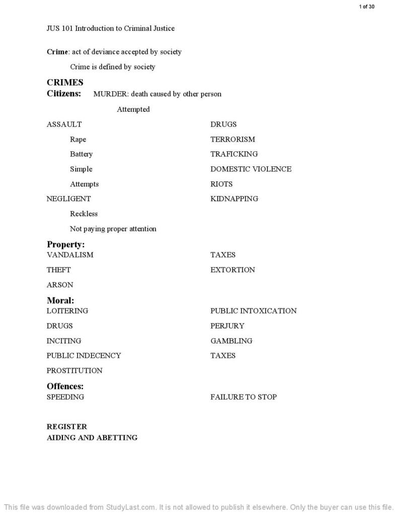 Introduction to Criminal Justice (JUS 101) course notes