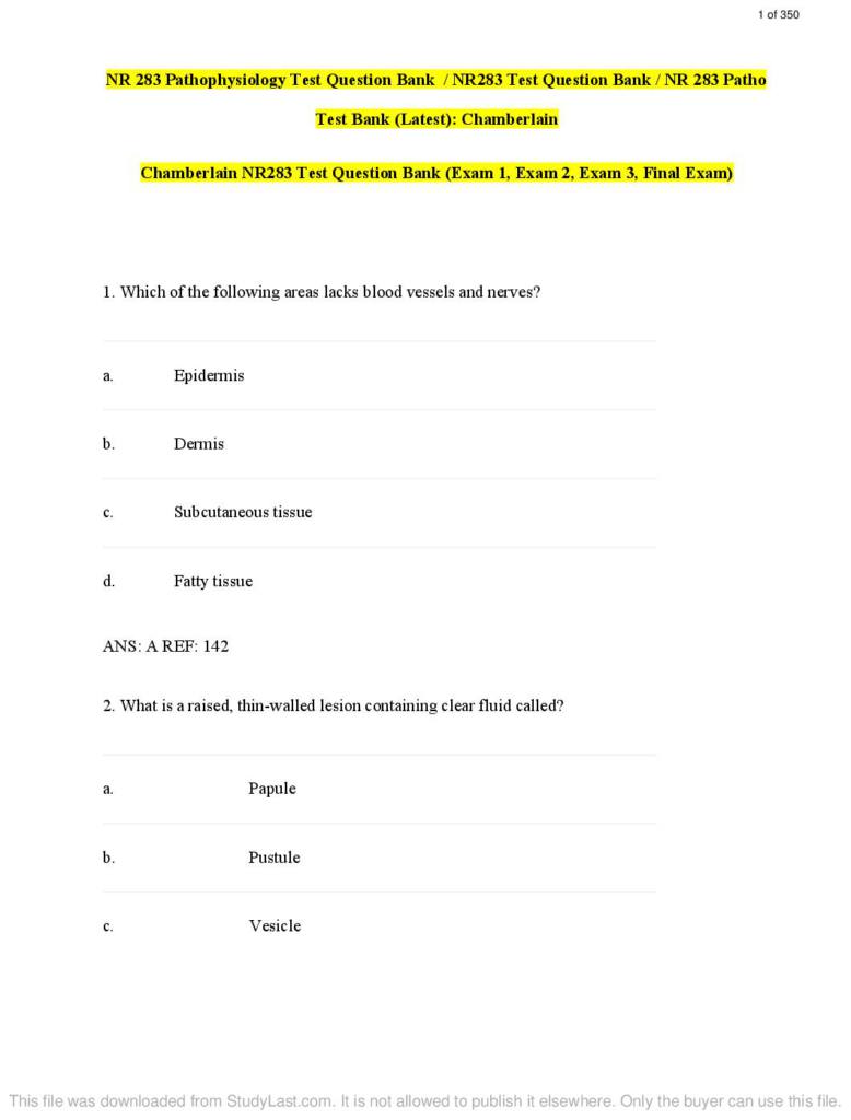 Pathophysiology (NR283) all exams question bank with answers