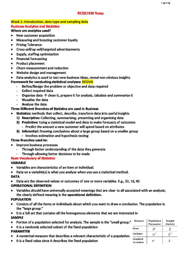 Quantitative Business Analysis (BUSS1020) complete HD notes