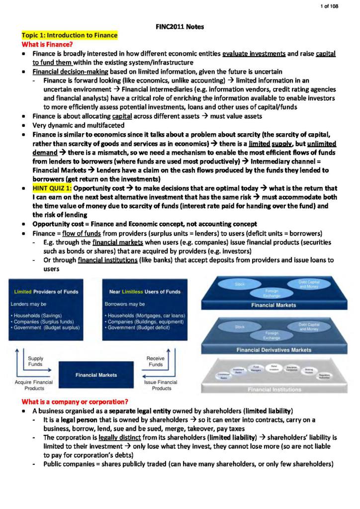 FINC2011: Corporate Finance I complete course notes