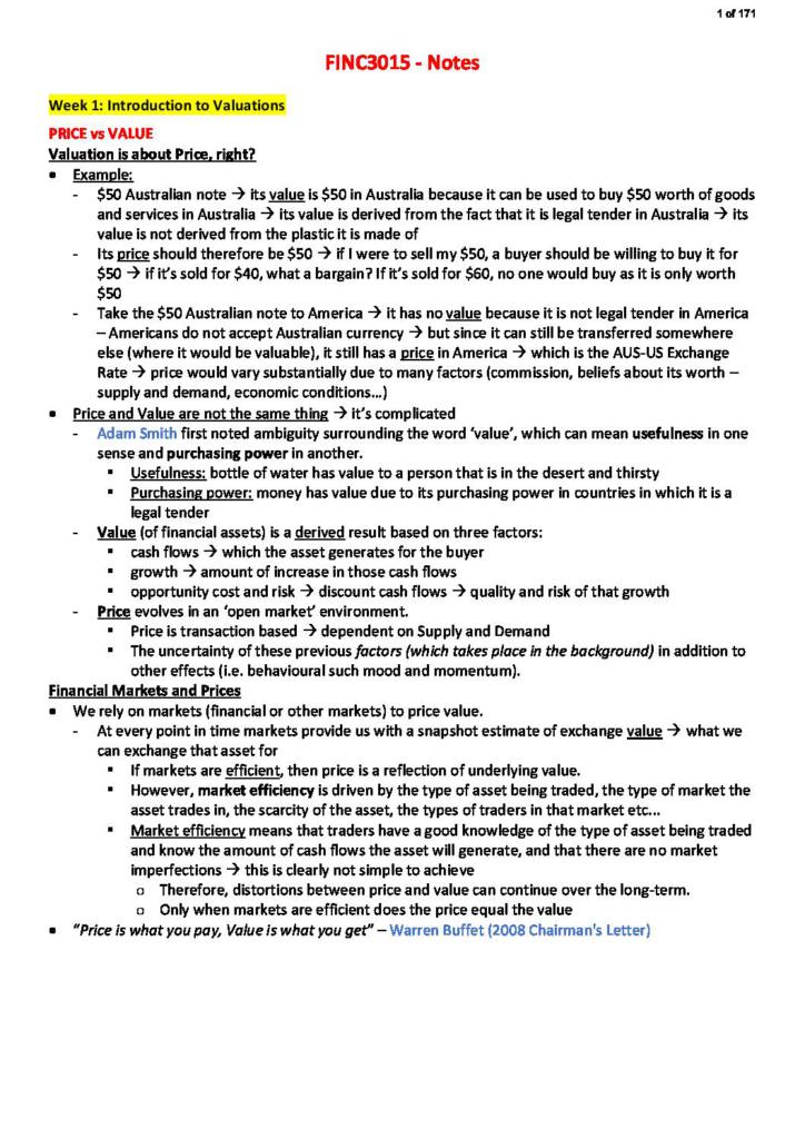 Financial Valuation: Case Study Approach (FINC3015) course notes