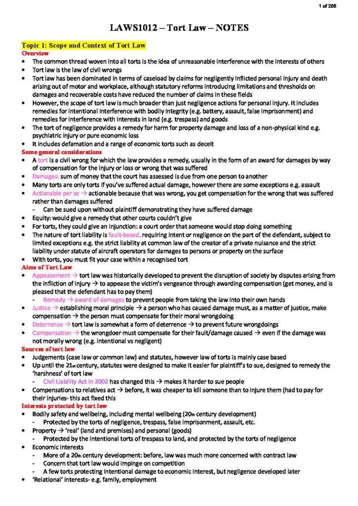 Torts (LAWS1012) complete course notes with tutorial solutions