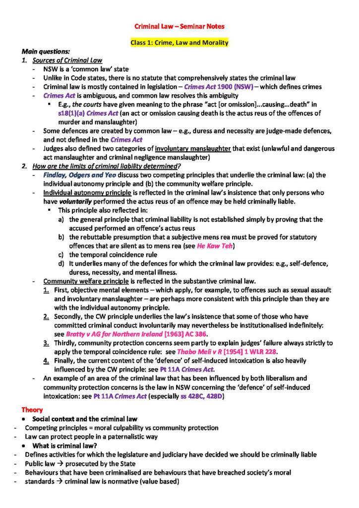 Criminal Law (LAWS1016) seminar notes