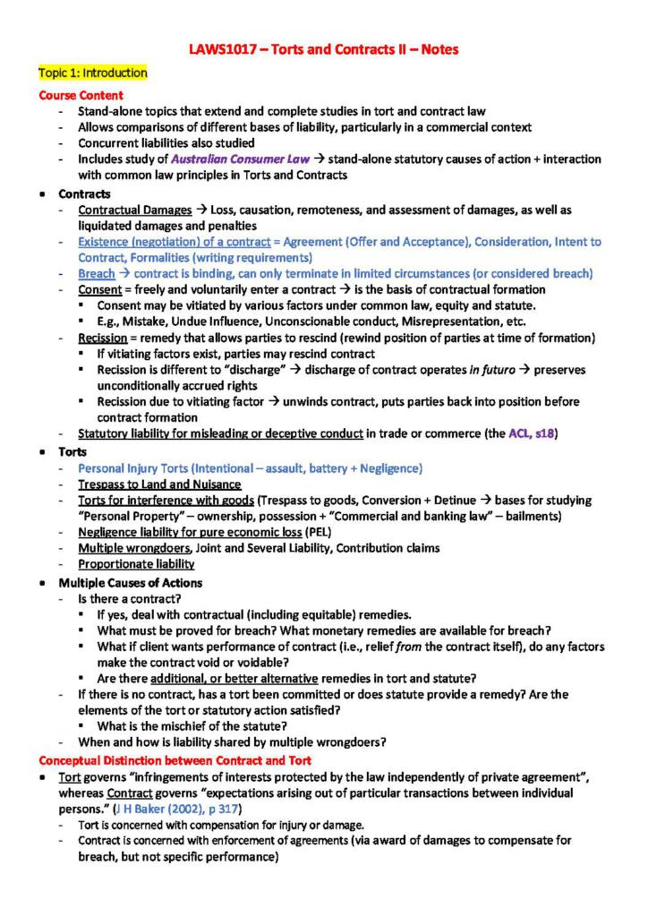 Torts and Contracts II (LAWS1017) course and tutorial HD notes