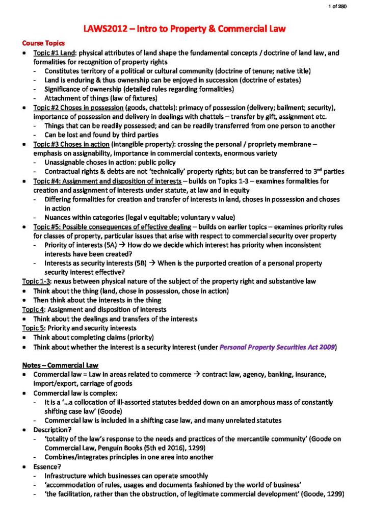 Intro to Property and Commercial Law (LAWS2012) complete notes