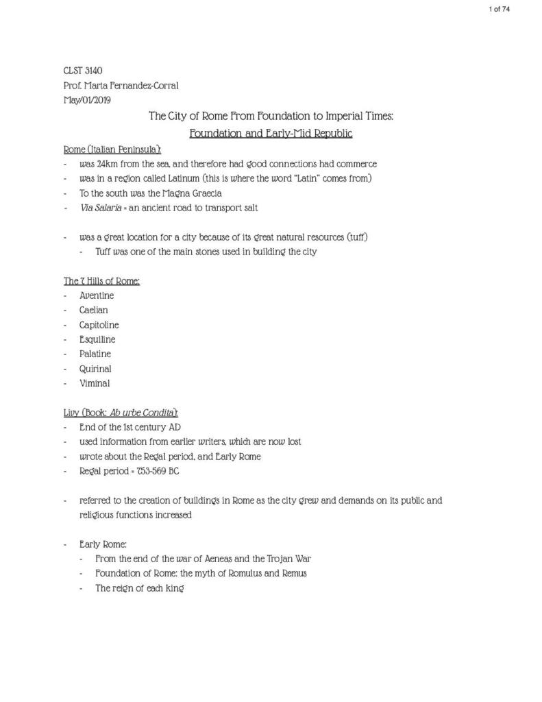 The City in the Roman World (HIST 3140) lecture notes