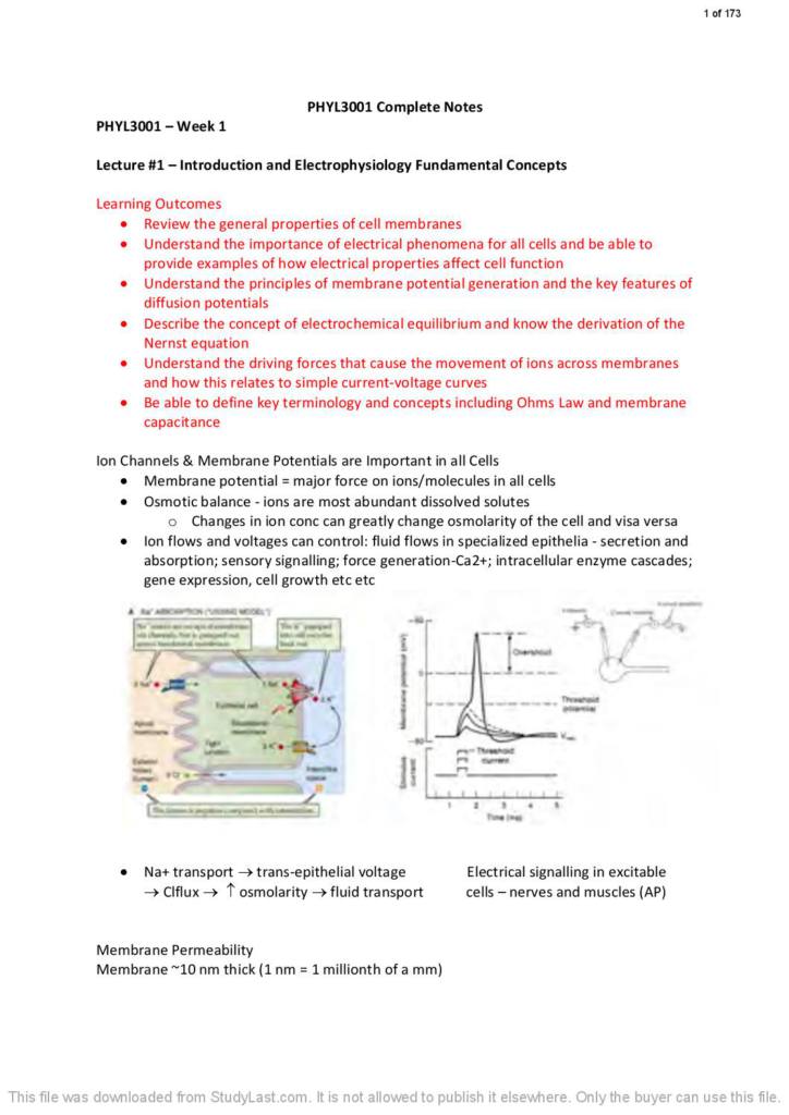 Physiology of Membranes, Muscles and Signalling (PHYL3001) full notes