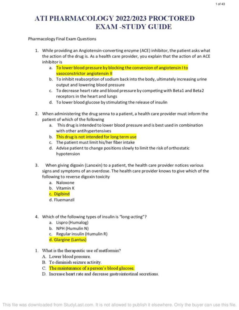 Ati pharmacology 2022 2023 proctored exam questions answers studylast